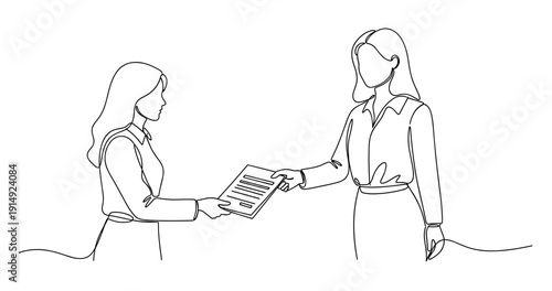 Two caucasian females exchanging documents in professional setting. No editable stroke