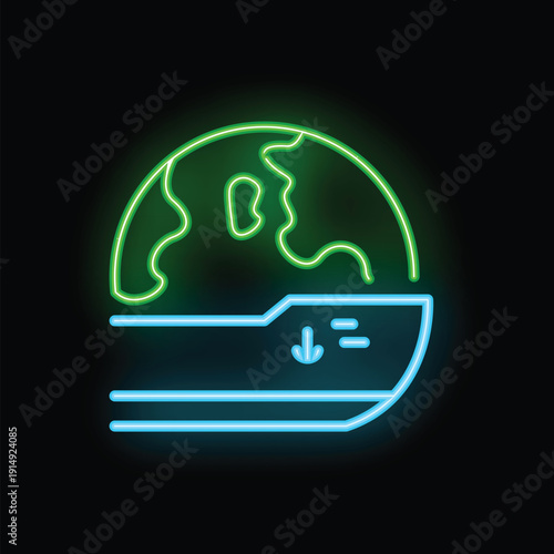 Neon sign representing the concept of global data transfer with a planet earth downloading to a hard drive