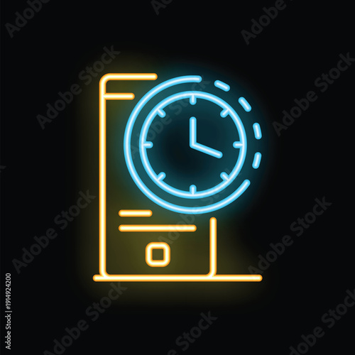 Neon sign of a smartphone with a clock face over it, showing the passage of time