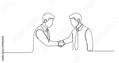 Continuous line drawing of two businessmen shaking hands. No editable stroke