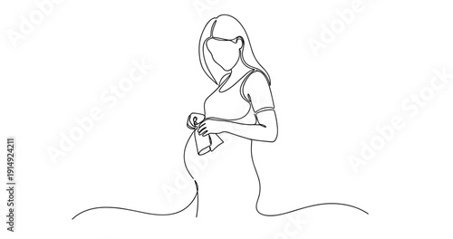 Pregnant caucasian woman holding baby socks line art illustration. No editable stroke