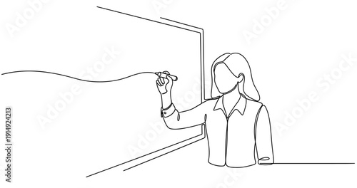 Line art of female teacher drawing on whiteboard. No editable stroke