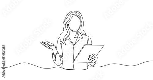 Line art illustration of a person holding a tablet and gesturing. No editable stroke