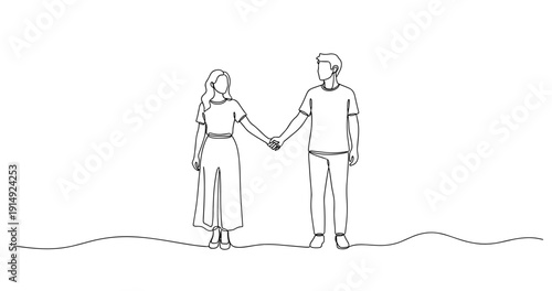 Line art of young caucasian couple holding hands in minimalist style. No editable stroke