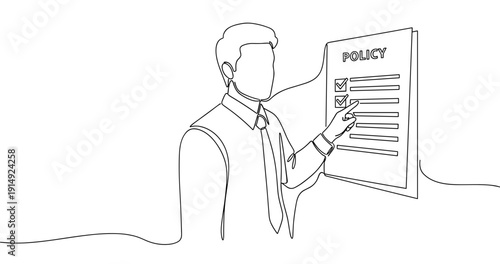 Outline drawing of male reviewing policy document. No editable stroke