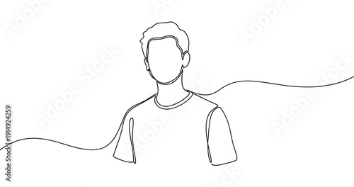 Continuous line art of a young caucasian male in t-shirt. No editable stroke