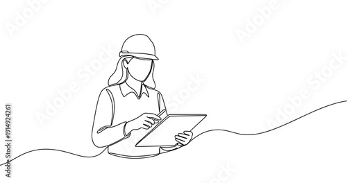 Female engineer with tablet in hand, line art illustration. No editable stroke