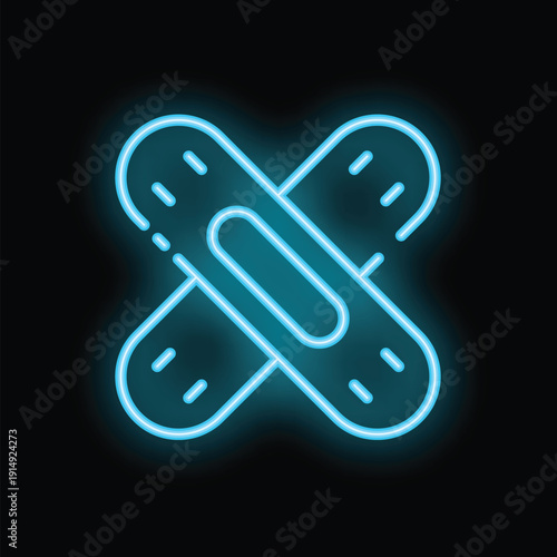 Two blue neon bandages are crossed and glowing on a black background