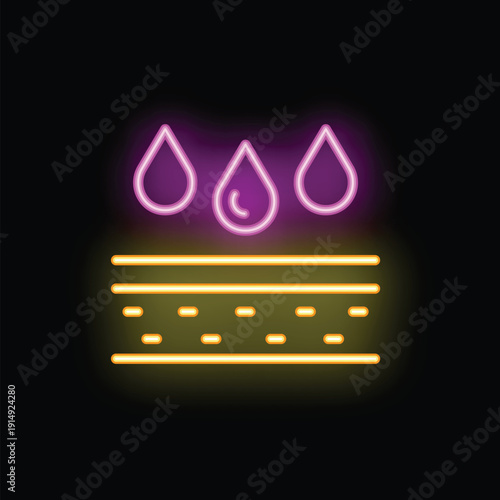 Neon icon of water drops moisturizing layers of skin, promoting hydration and skincare