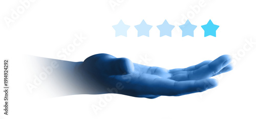 Hand showing five star rating for best quality service review and feedback success