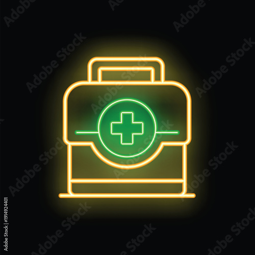 Glowing neon line first aid kit icon isolated on a black background, representing emergency medical services and healthcare