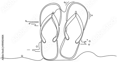 Minimalist continuous line art of flip-flops over abstract background. Non editable stroke