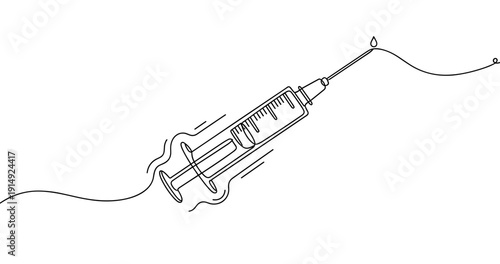 Line art of syringe with liquid droplet on needle tip. Non editable stroke