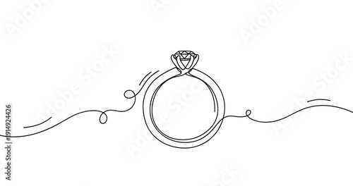 Elegant minimalist line art of engagement ring with diamond. Non editable stroke