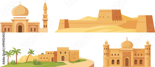 Middle Eastern Architecture Landmark Icon Set Mosque, Desert Fortress and Oasis Vector