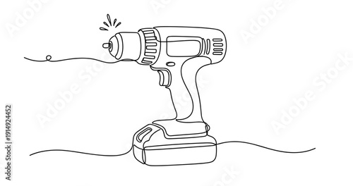 Line art of cordless power drill with extension cord and power plug. Non editable stroke
