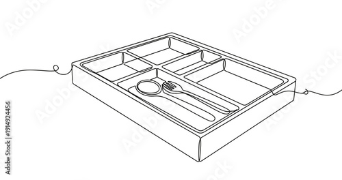 Empty cutlery drawer organizer with spoon and fork in outline drawing. Non editable stroke