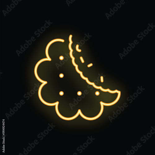 Bright yellow neon sign of a partially eaten cookie glowing on dark background