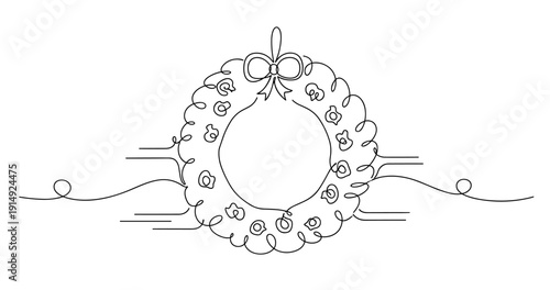 Elegant floral wreath outline with bow and swirling accents. Non editable stroke
