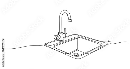 Minimalist continuous line drawing of a kitchen sink with faucet. Non editable stroke