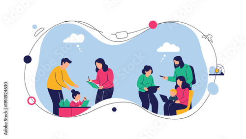 Creative community members interacting in a shared space to foster collaboration, learning, and social connection among families.