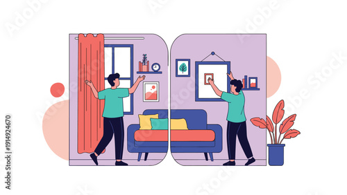 Home renovation concept featuring a split view of a man decorating a living room with curtains, furniture, and wall art.