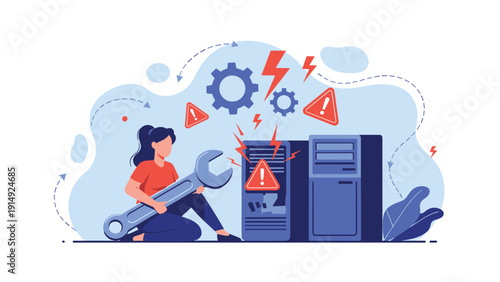 IT specialist using a large wrench to repair a server system under high pressure to ensure business continuity and support.