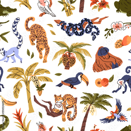 Repeatable pattern of jungle nature: palm trees, exotic animals, parrots, flowers and fruits. Endless background of rainforest flora and fauna, tropical forest. Flat seamless vector illustration
