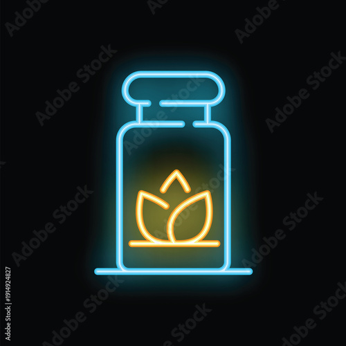 Neon sign of a medicine bottle with glowing leaves, evoking natural remedies and alternative medicine