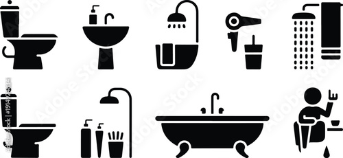 Bathroom and Restroom Silhouette Icon Set  Toilet, Sink, Shower, Bathtub and Hygiene