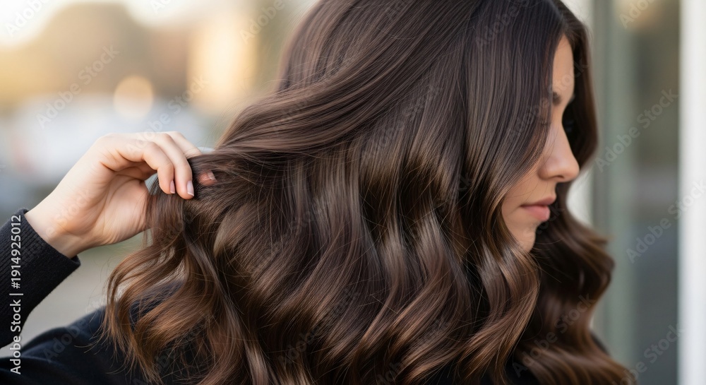 Fototapeta premium A woman with long brown hair touching her locks
