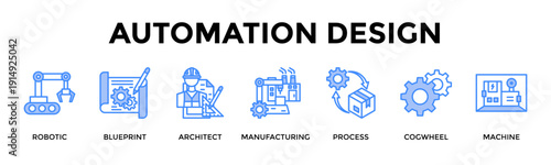 Automation Design Banner Web Icon Set Collection Pack Vector Illustration Concept For Robotic, Blueprint, Architect, Manufacturing, Process, Cogwheel, Machine