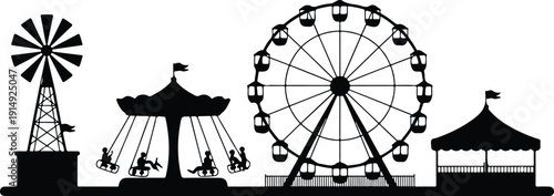 Amusement Park Silhouette Illustration  Ferris Wheel, Rides, Carousel and Festival Attractions