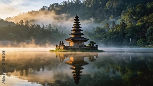 Pagoda temple on lake with misty forest
