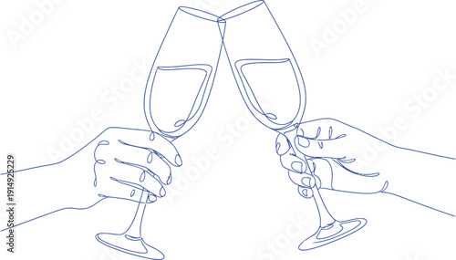 Continuous line champagne cheers one line art, continuous drawing contour. Hands toasting with wine glasses with drinks. Cheers toast festive decoration for holidays. Vector illustration.