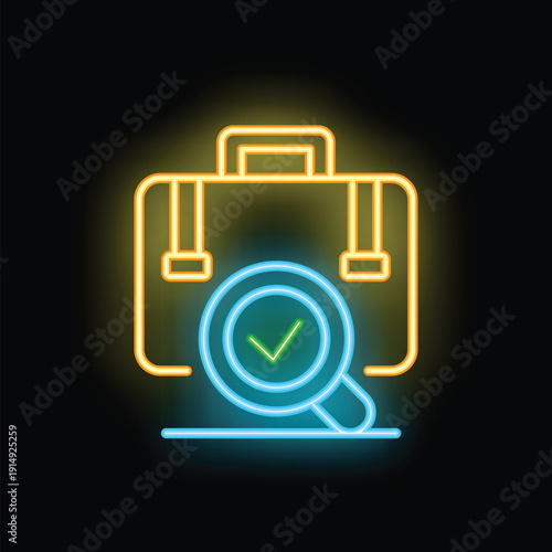 This neon sign evokes job search, recruitment, business success or validation with a magnifying glass over a briefcase