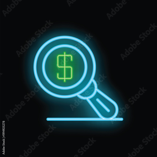 Blue neon icon of a magnifying glass focusing on a green dollar sign on a black background