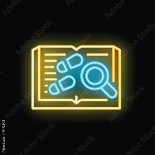 Neon icon of a detective book with a magnifying glass examining footprints, perfect for themes of mystery and investigation
