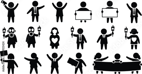 People Protest and Demonstration Silhouette Vector Set  Activists with Banners, Signs and Megaphones