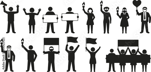 People Protest and Demonstration Silhouette Vector Set  Activists with Banners, Signs and Megaphones