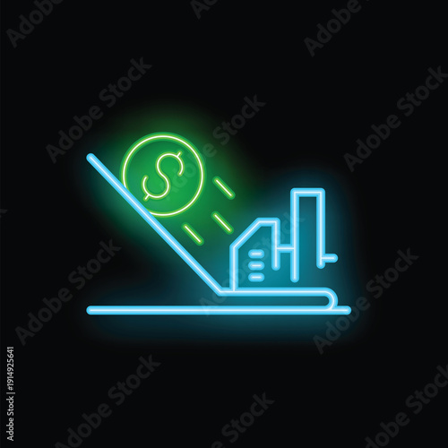 Neon sign depicting money rolling down an inclined plane to reach buildings, symbolizing economic hardship