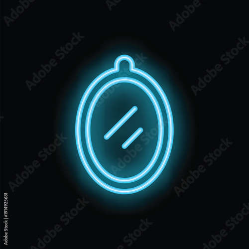 Blue neon sign of an oval mirror glowing on a black background