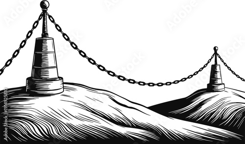 Black and white illustration of chain barrier posts on rocks, heavy linked chains fence