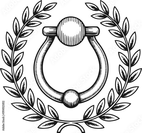 Antique door knocker surrounded by laurel wreath vintage engraving design