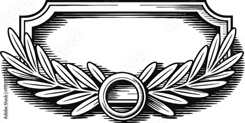 Vintage ornamental frame with laurel wreath and circular emblem in classical engraving