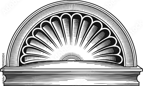 Architectural semicircular fanlight window with decorative radial sunburst design and molding