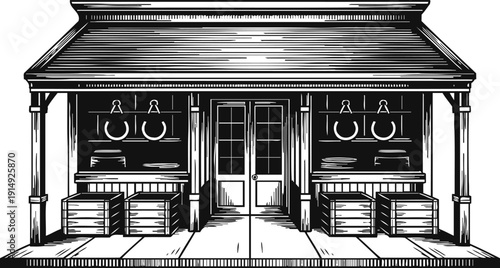 Old western storefront with wooden crates and covered porch in vintage engraving