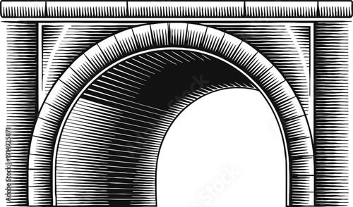 Vintage stone arch bridge engraving classic architectural detail with textured lines and shading historic structure design