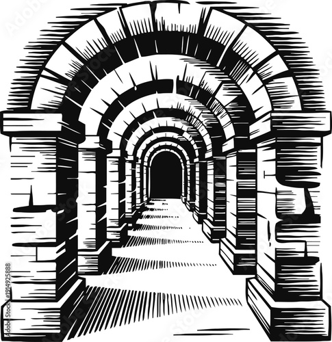 ancient stone archway corridor with repeating arches and shadowed passageway perspective