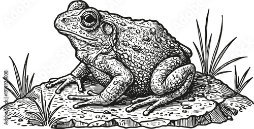 Detailed ink drawing of a toad sitting on a rock with surrounding grass and plants